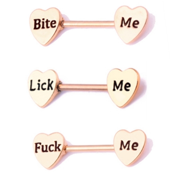 None Jewelry - Rose Gold Nipple Rings "Bite Me" "Lick Me" "F*ck Me" You Choose Design 16G